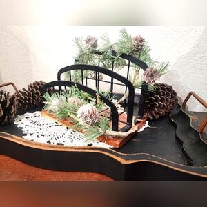 Flocked Pine Cones - Black Napkin Holder Two Tiers - Christmas Winter Wonderland
